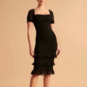 Abercrombie & Fitch Black Puff Sleeve Midi Dress Tiered Ruffles - Size M